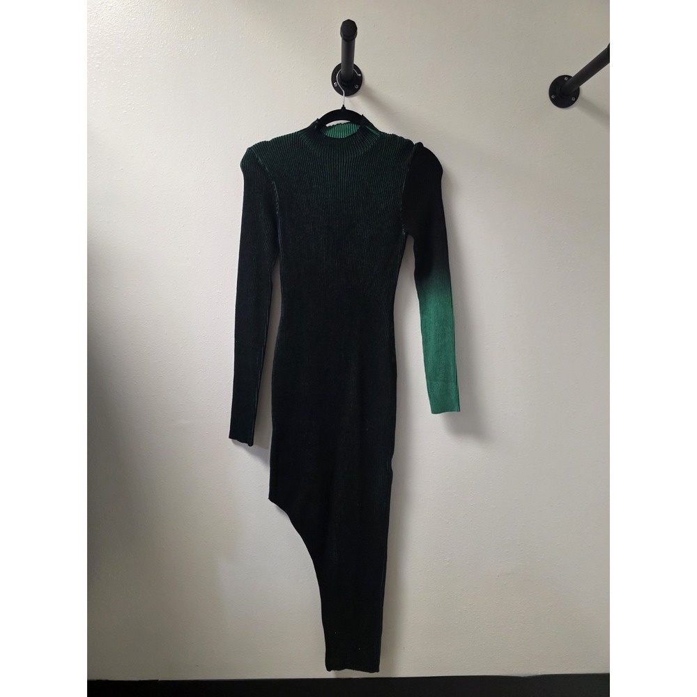 Good Time USA Green Black Ribbed Asymmetrical Bodycon Midi Dress Sz M NWT - Picture 2 of 9